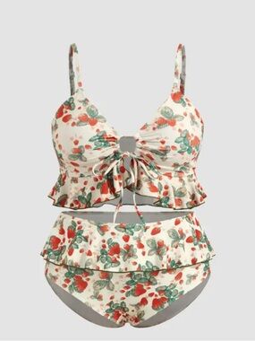 Cider Cream Strawberry Ruffle High-Waist Bikini